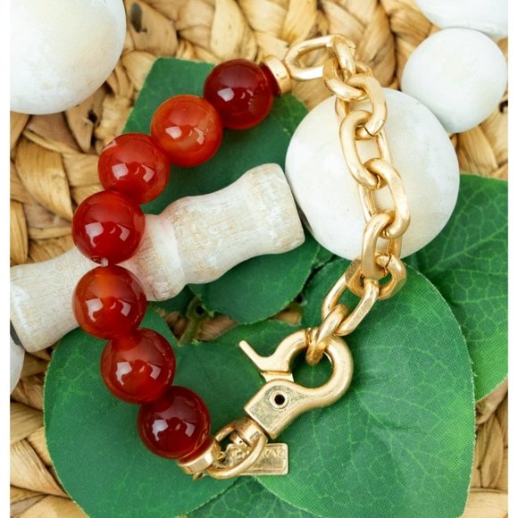 Bella Canvas Jewelry - Bracelet. Carnelian Stone Beaded. Gold Link Chain. NWT.